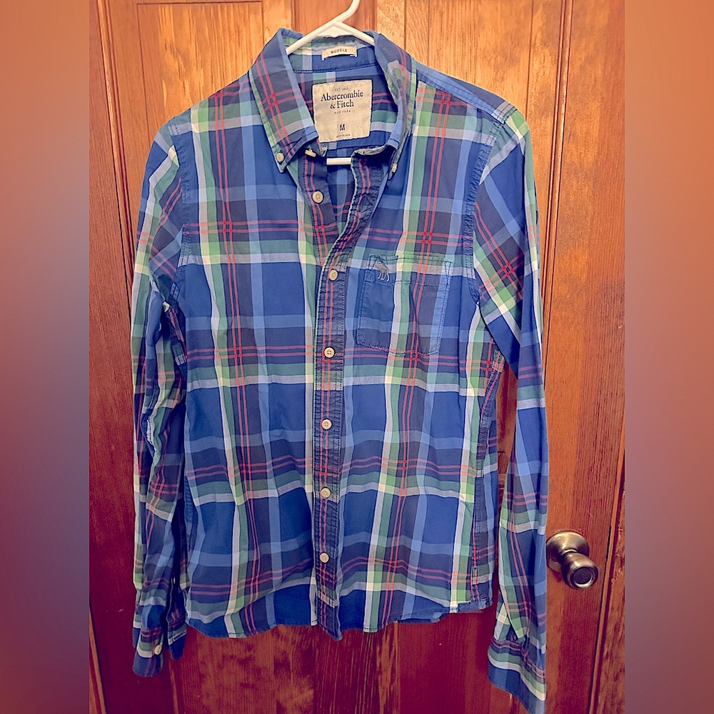 Abercrombie & Fitch Men's Blue/Green Plaid Muscle Fit Button Down Shirt Medium